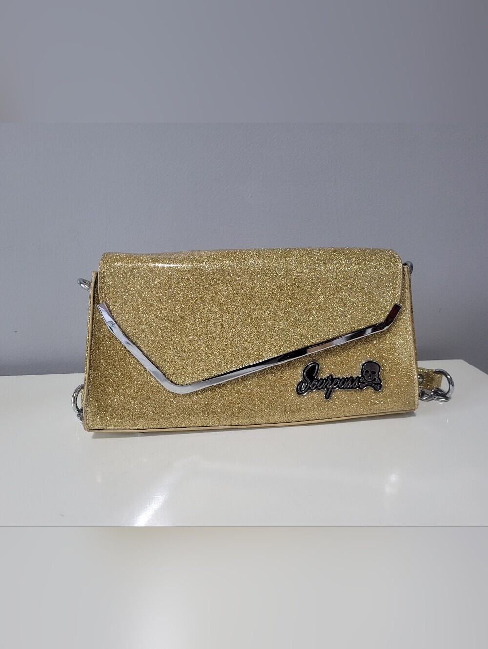 Sourpuss Gold Glitter Party Clutch, VGUC